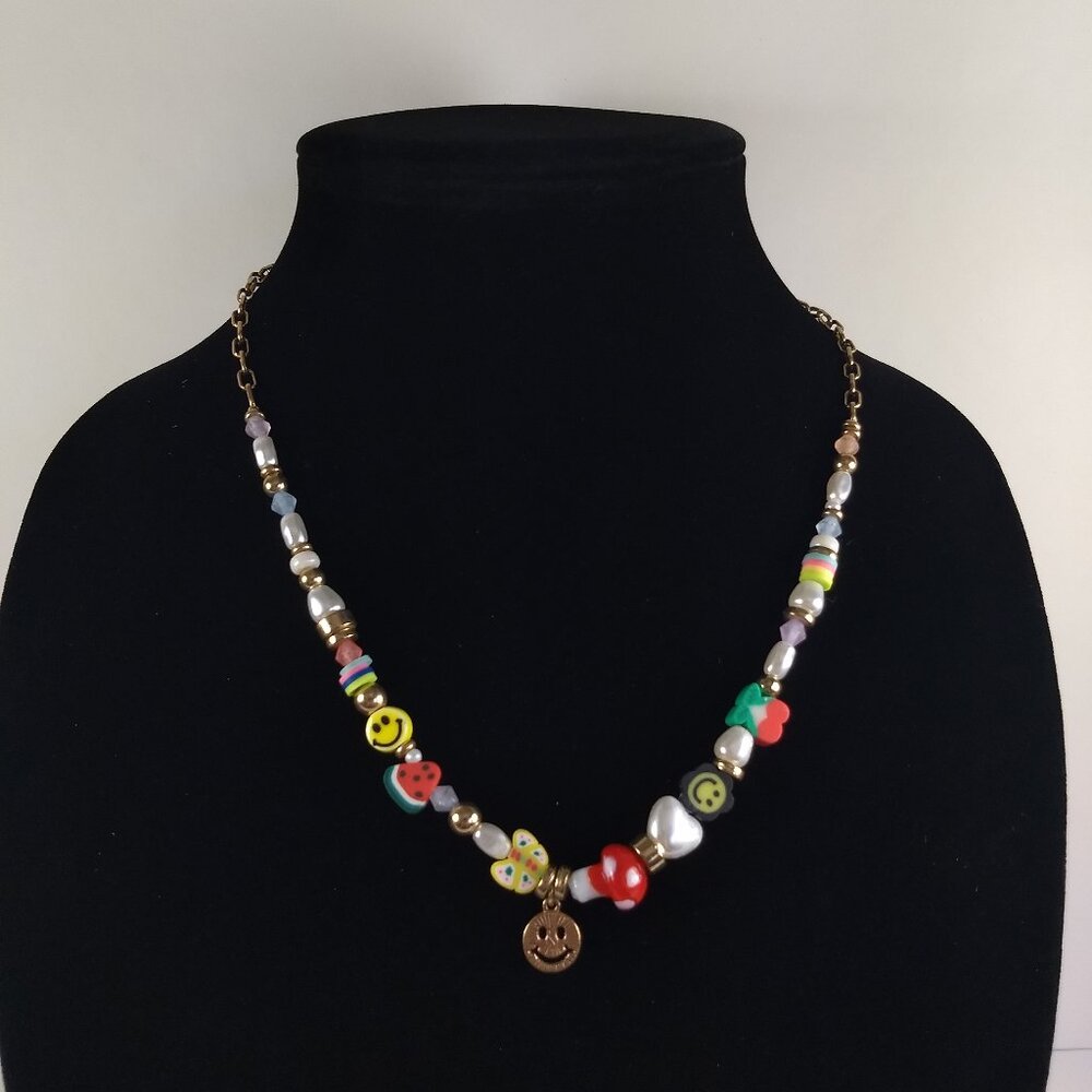 Kidcore Smiley Face Fruit Mushroom Beaded Necklace Novelty Fun Modern Adjustable